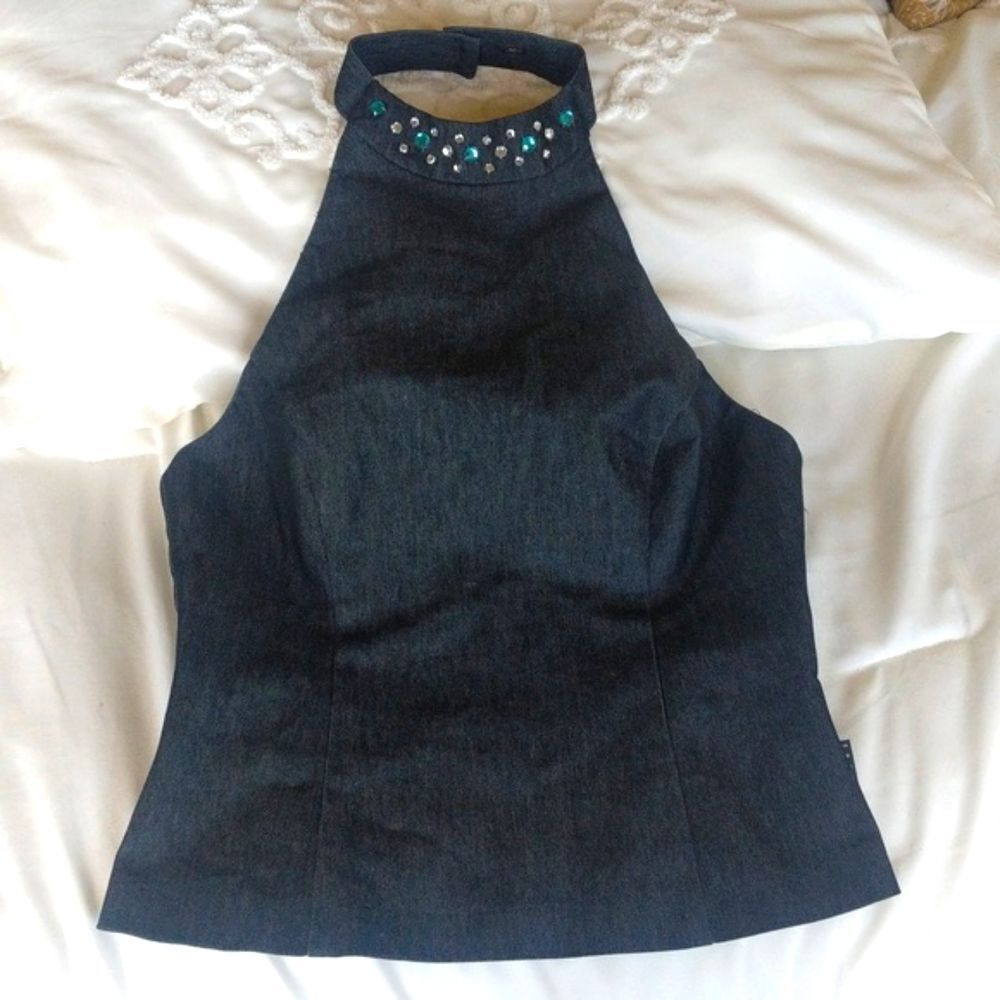 XOXO Denim Jewelled  Neck Halter Top